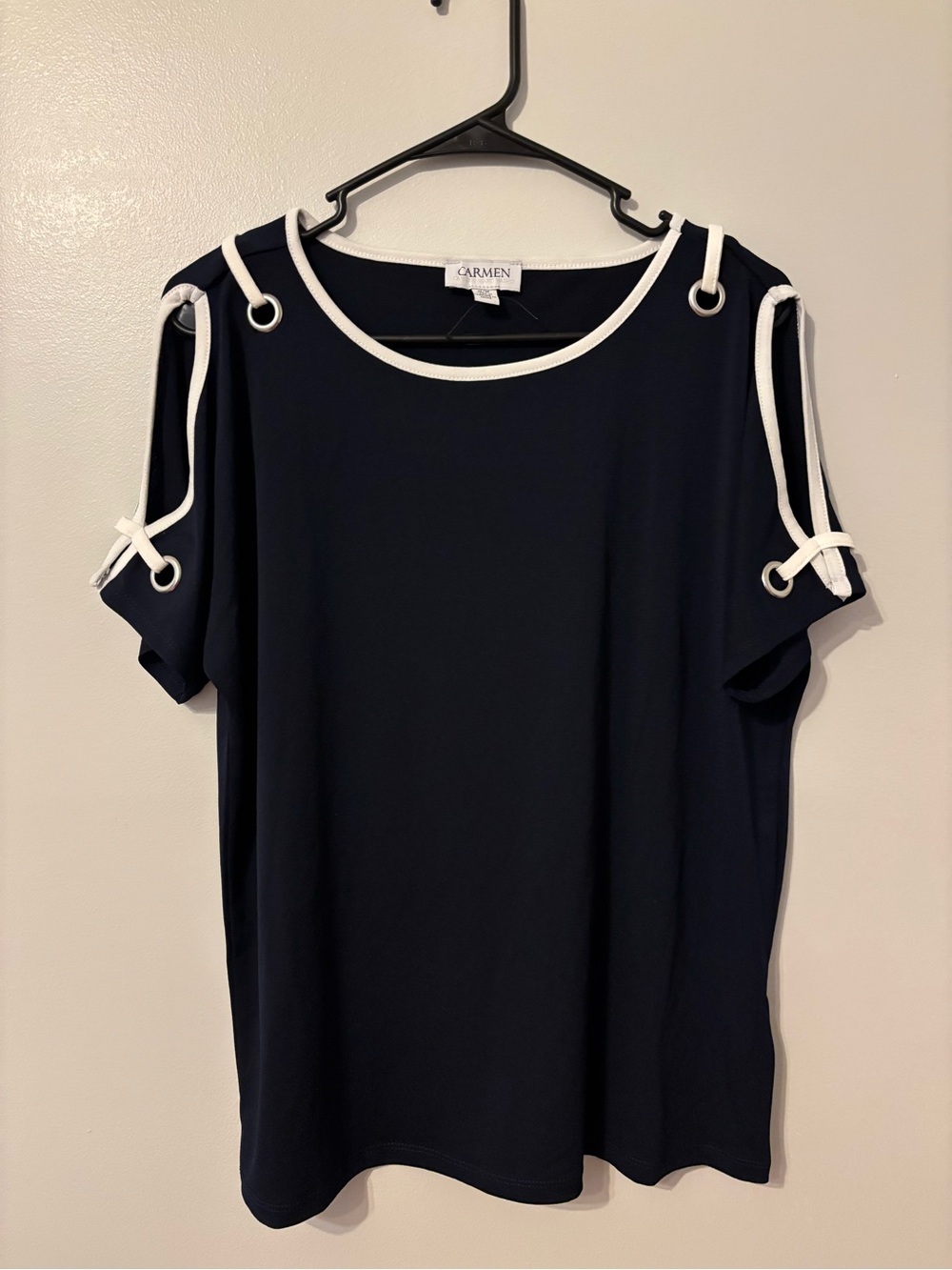 Medium navy blue cold-shoulder blouse by Carmen Marc Valvo